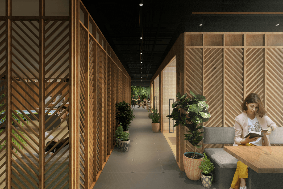 Pasillo de oficina moderna — entorno corporativo premium Omvyx